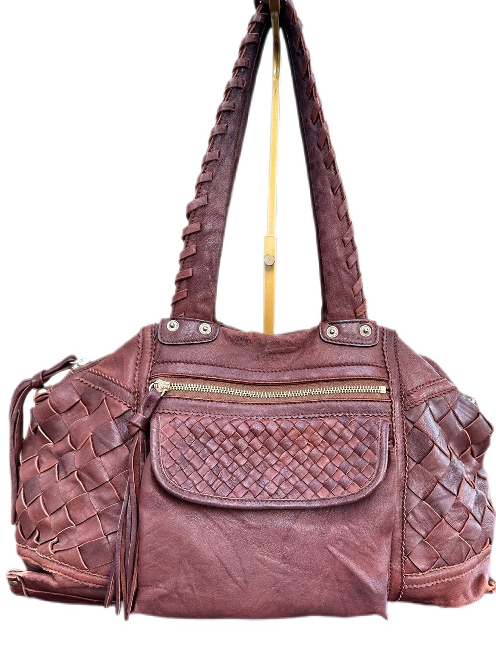 Vintage Bebe Burgundy Brown Leather Woven Boho Satchel Bag Y2K